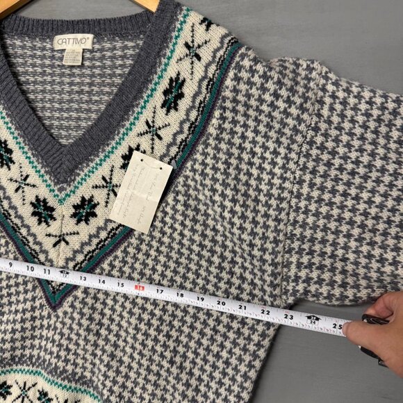 NEW Cattivo Houndstooth Retro Multicolor V‎ Neck Wool Grey Sweater 90s XL - Picture 5 of 6